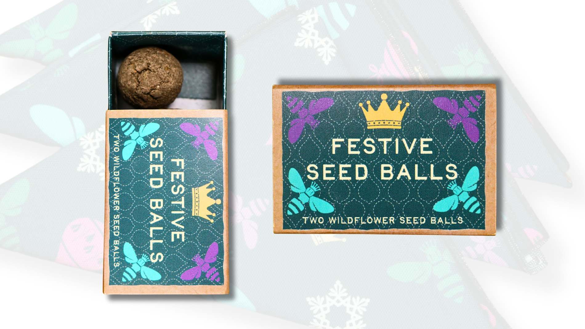 Festive mini gift box containing two hand-made wildflower seed balls