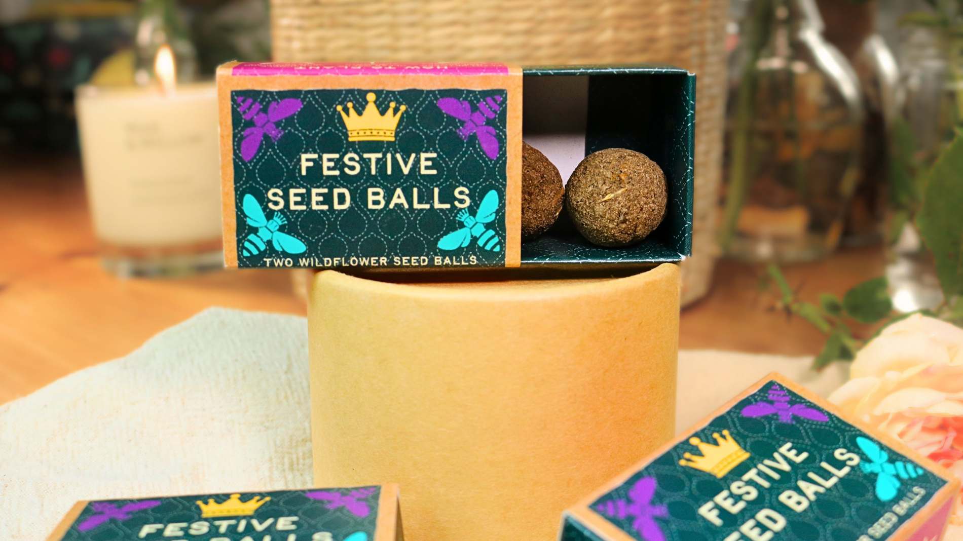 Festive mini gift box containing two hand-made wildflower seed balls - Image 5